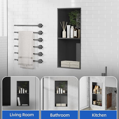 Bathbliss Shower Niche, No‑Tile Recessed Wall Niche, 11.18"x22.3" SUS304 Stainless Steel Double Shelf, Leak‑Proof Waterproof for Bathroom Storage, Matte Black