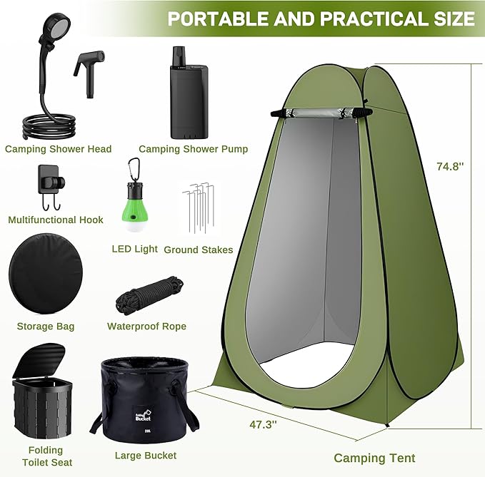 Portable Camping Shower, Pop Up Privacy Tent Kit with LED Light and Foldable Toilet, 6000mAh LCD Screen Shower Pump, Filtered Shower Heads & 5.3 Gallons Bucket, Outdoor Shower for Hiking, Travel, Car