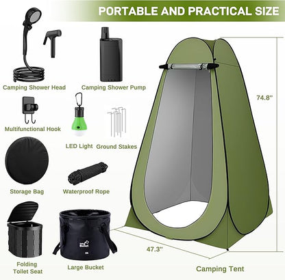 Portable Camping Shower, Pop Up Privacy Tent Kit with LED Light and Foldable Toilet, 6000mAh LCD Screen Shower Pump, Filtered Shower Heads & 5.3 Gallons Bucket, Outdoor Shower for Hiking, Travel, Car