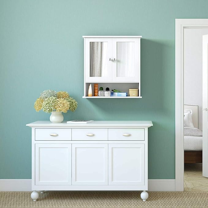 Tangkula Bathroom Medicine Cabinet with Mirror, Wall Mounted Wooden Hanging Organizer with Doors and Shelves, Bathroom Wall Mirror Cabinet (Mirror Doors, White)