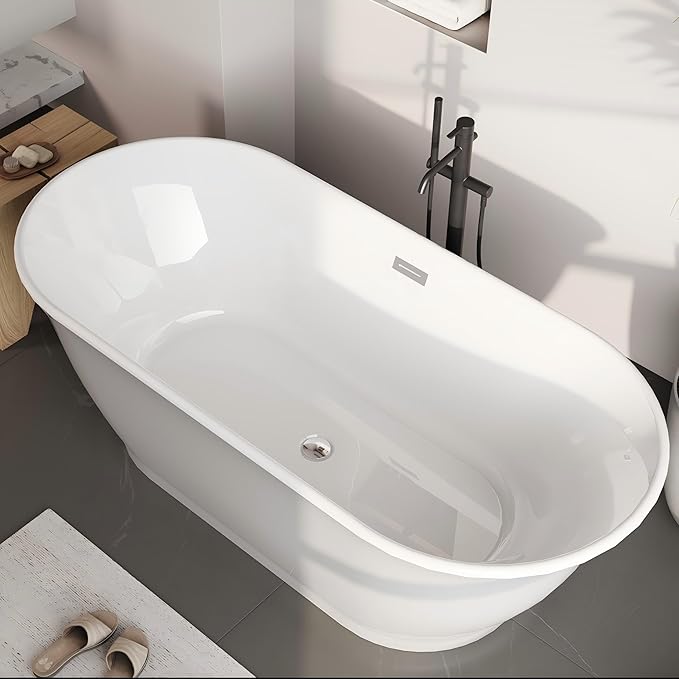 Freestanding Bathtub, 67 Inch Acrylic Soaking Tub, Elliptical Design with Chrome Drain & Overflow, Dual-Tone White & Gray Finish for Contemporary Bathrooms