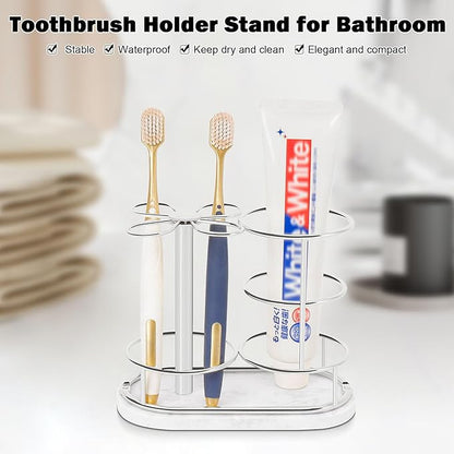 HarJue Toothbrush Holder Stand for Bathroom, Metal Toothbrush Organizer with Marble Base, Toothbrush Storage Collection for Family, Suitable for Home Hotel Countertop Vanity (Medium, Chrome Finish)