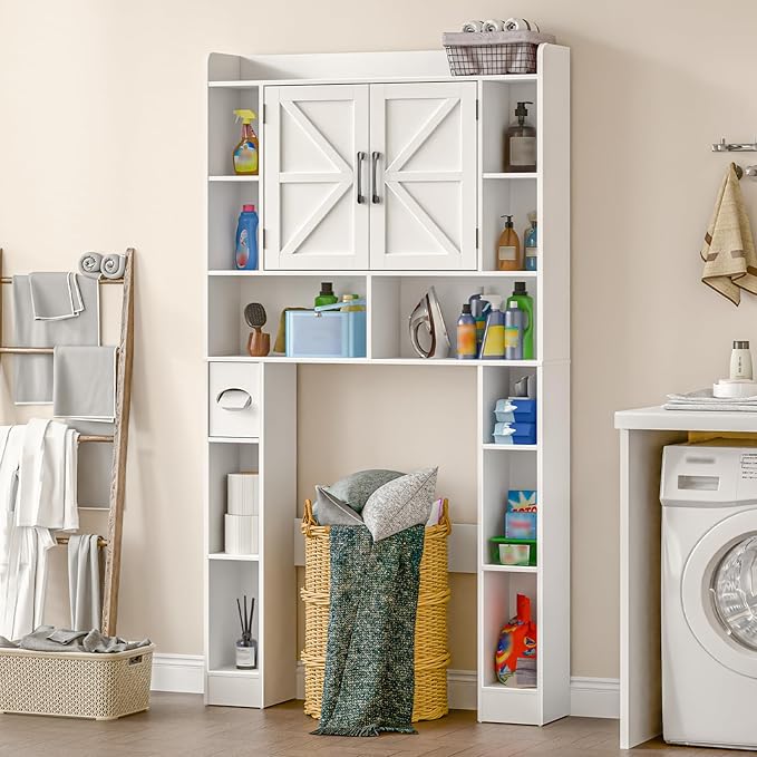 Farmhouse Storage Cabinet Over Toilet with Barn Doors，Over The Toilet Storage Cabinet, Home Space-Saving Toilet Rack, for Bathroom, Restroom, Laundry.