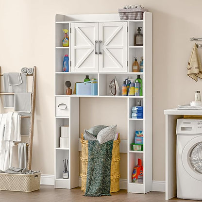 Farmhouse Storage Cabinet Over Toilet with Barn Doors，Over The Toilet Storage Cabinet, Home Space-Saving Toilet Rack, for Bathroom, Restroom, Laundry.