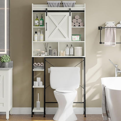 Vabches Over The Toilet Storage Cabinet, Farmhouse Storage Cabinet Over Toilet with Sliding Door & Toilet Paper Holder Stand, Home Space-Saving Toilet Rack for Bathroom, Restroom