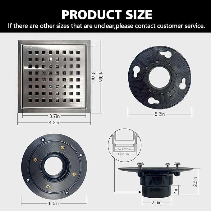 4 Inch Square Shower Drain with Flange, Removeable Grate SUS 304 Stainless Steel Shower Drain with Hair Catcher (Brushed Nickel, 4 Inch)