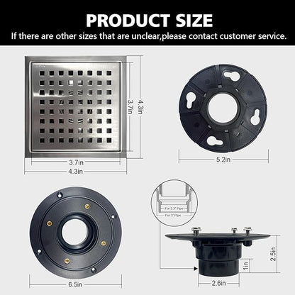 4 Inch Square Shower Drain with Flange, Removeable Grate SUS 304 Stainless Steel Shower Drain with Hair Catcher (Brushed Nickel, 4 Inch)