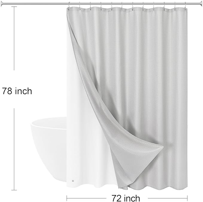 3 in 1 Long Light Grey Shower Curtain Set-72 W x 78 H, Modern Waffle and PEVA Liner Set with 12 Stainless Steel Hooks, Waterproof Fabric for Bathroom
