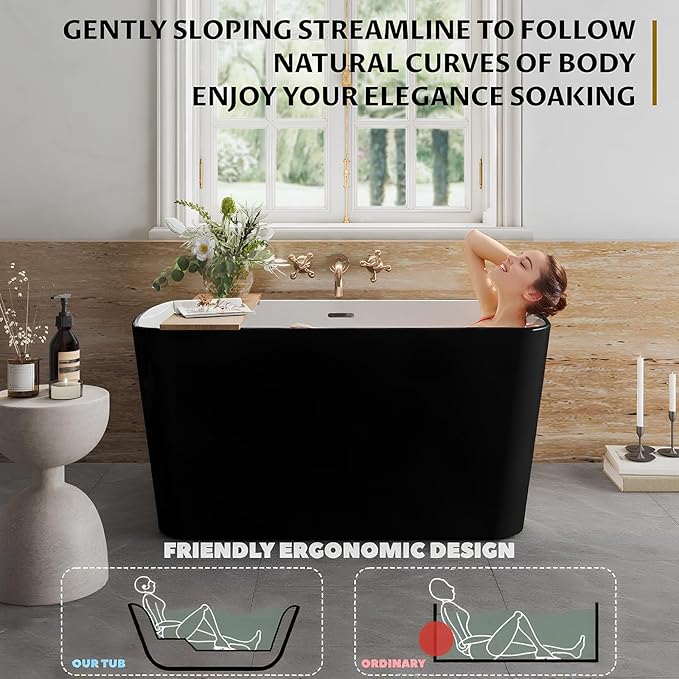 49‘’ GarveeHome Acrylic Freestanding Bathtub, Deep Soaking Stand Alone Tub, black exterior and white interior, Comfortable Small Space Tub with Chrome Overflow and Drain, Easy to Install