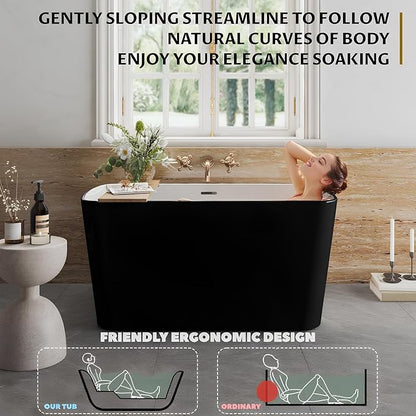 49‘’ GarveeHome Acrylic Freestanding Bathtub, Deep Soaking Stand Alone Tub, black exterior and white interior, Comfortable Small Space Tub with Chrome Overflow and Drain, Easy to Install