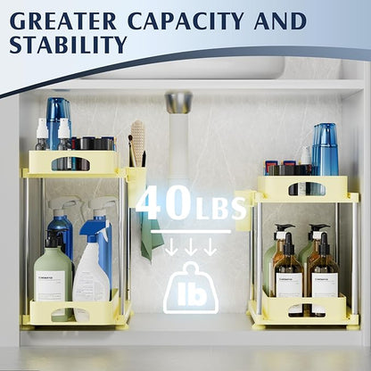 VERIFOST 2 Pack Under Sink Organizers and Storage, Height Adjustable Bathroom Cabinet Organizer, 2 Tier Under Sink Organizer with Hooks, Under Cabinet Organizer for Kitchen Bathroom (Yellow