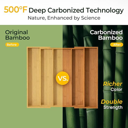 Carbonized Bamboo Kitchen Drawer Organizer, 5 Slots Expandable Silverware Organizer, Utensil Holder & Cutlery Tray, 2.2" Deep for Extra Capacity, Non-Slip Feet Included