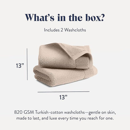 Brooklinen Super-Plush Turkish Cotton Washcloths - Set of 2 - Cotton, 820 GSM, Highly Absorbent, Machine Washable, Perfect for Home & Bathroom (13" x 13", Driftwood)