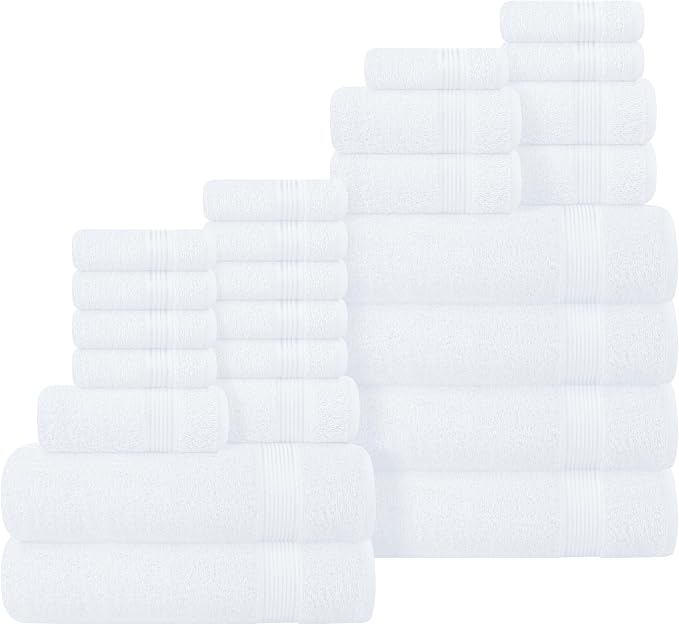 Belizzi Home 100% Cotton Towel Set, Contains 6 Soft Bath Towel, 6 Hand Towels, 12 Wash Cloths - Compact Absorbent Lightweight & Quickdry Towels for Bathroom - 24 Piece Bathroom Towel Set - White