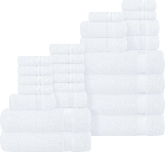 Belizzi Home 100% Cotton Towel Set, Contains 6 Soft Bath Towel, 6 Hand Towels, 12 Wash Cloths - Compact Absorbent Lightweight & Quickdry Towels for Bathroom - 24 Piece Bathroom Towel Set - White