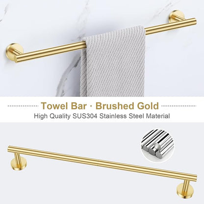 Lairuier 5 Pieces Brushed Gold Bathroom Accessories Set, 23.6 Inch Bath Towel Bar Set, SUS304 Stainless Steel Bathroom Hardware Set Round Toilet Paper Holder Set Wall Mounted