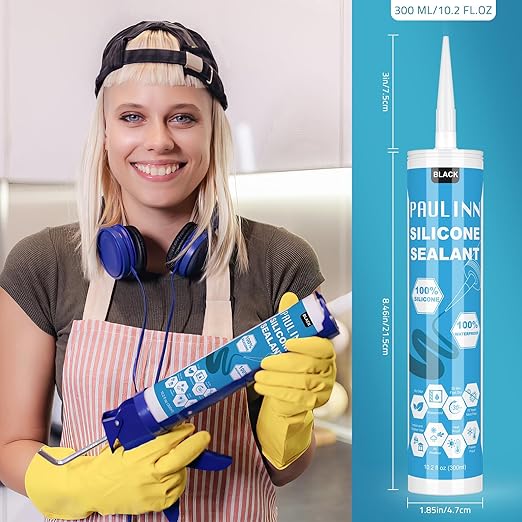 PAULINN Silicone Sealant Black, 100% Silicone Caulk Waterproof for RV, Kitchen, Bath, General Use, Window, Door, Glass, Marine, 10.2 Oz, 4 Packs