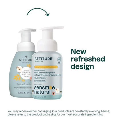 ATTITUDE 2-in-1 Shampoo and Body Wash for Baby, EWG Verified, Plant- and Mineral-Based Ingredients, Dermatologically Tested, Vegan Products for Sensitive Skin, Unscented, 8.4 Fl Oz