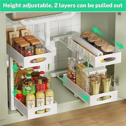 Under Sink Organizer, 2-Tier Pull Out Cabinet Organizer with Adjustable Height, Use in Kitchen Bathroom Cabinet and Countertop Storage, White