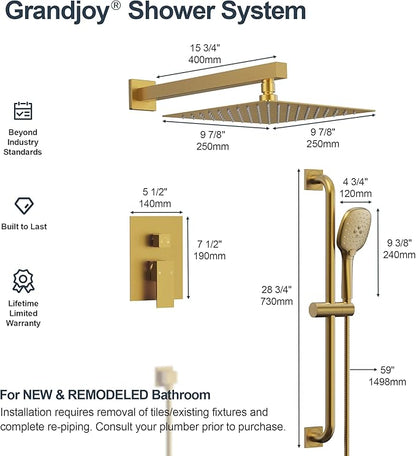 Brushed Gold 10 Inch Rainfall Shower System with Handheld Spray & Adjustable Slide Bar, Wall Mount Bathroom Shower Faucet Set, Valve Included