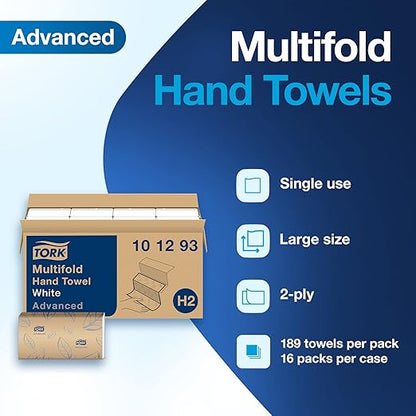 Tork Xpress Soft Multifold Hand Towel White with Grey Leaf Print, Absorbent, 189 Towels Per Pack, 16 Packs, Fits H2 Towel Dispensers