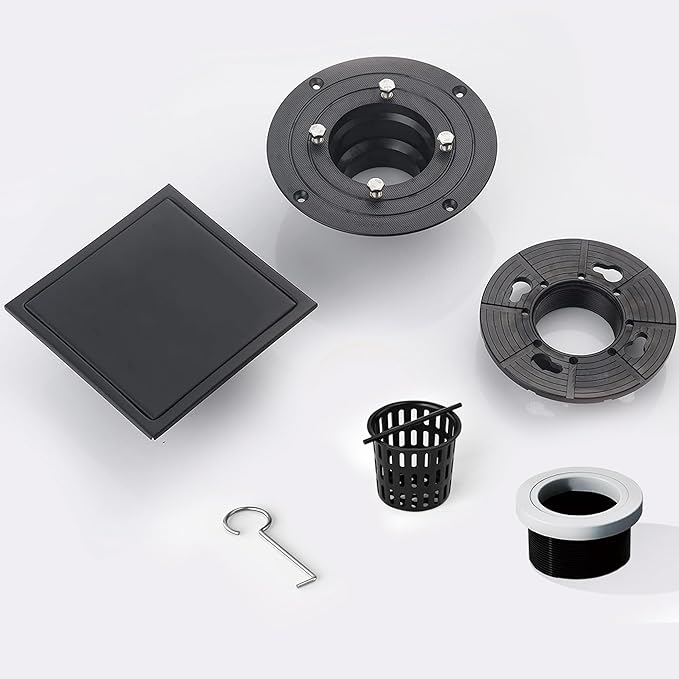 6 Inch Square Shower Floor Drain, Shower Drain Kit with Flange and 2 in 1 Tile-Insert Cover, Square Shower Drain, SUS 304 Stainless Steel Floor Drain,Matte Black