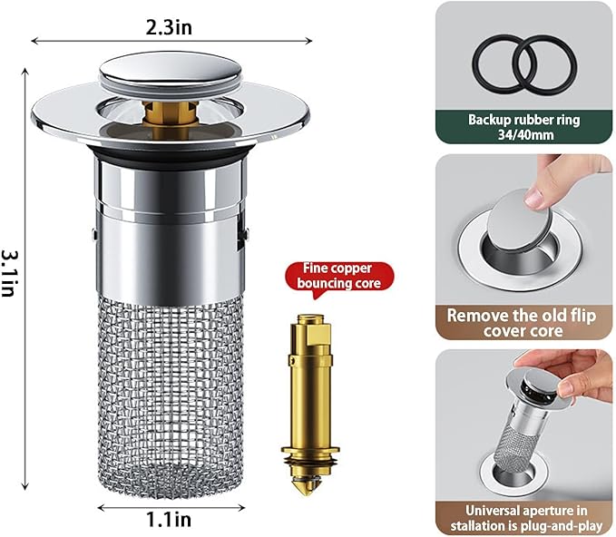Bathroom Sink Stopper Strainer,2PCS Pop-Up Bathroom Sink Drain Strainer with Removable Stainless Steel Hair Catcher Basket,Sink Stopper Hair Catcher for US Bathroom Sinks,Bathtubs,Showers,Floor Drains