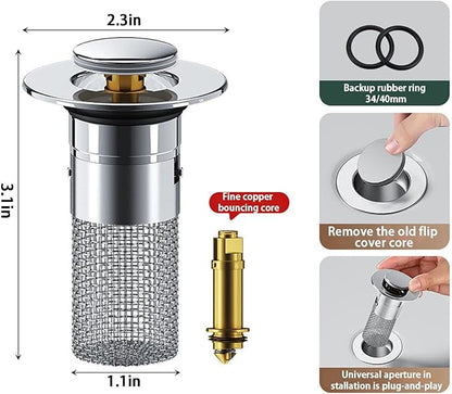 Bathroom Sink Stopper Strainer,2PCS Pop-Up Bathroom Sink Drain Strainer with Removable Stainless Steel Hair Catcher Basket,Sink Stopper Hair Catcher for US Bathroom Sinks,Bathtubs,Showers,Floor Drains
