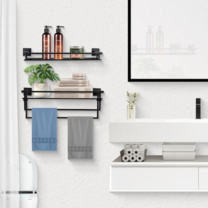 LANC Black Bathroom Shelves Glass Shelf 20-Inch Floating Tempered Glass Shelf Rectangular Modern Stainless Steel Wall Mounted Shelves for Shower Bathroom Kitchen Organizers Accessories ，A7613AB