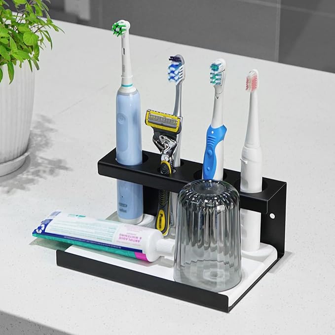 Electric Toothbrush Countertop Holder with Diatomite Stone - Bathroom Sink Organizer or Wall-Mounted Rack, Compatible with Philips Sonicare, Oral-B (Black)