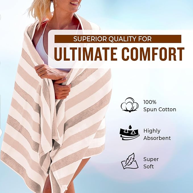 Personalized Passion Beach Towels for Adults - Custom Pool Towels with Name - Highly Absorbent Cotton - Striped Design for Women & Men - Large 70x30 Bath Sheet for Hotel, Swim & Camping - Beige