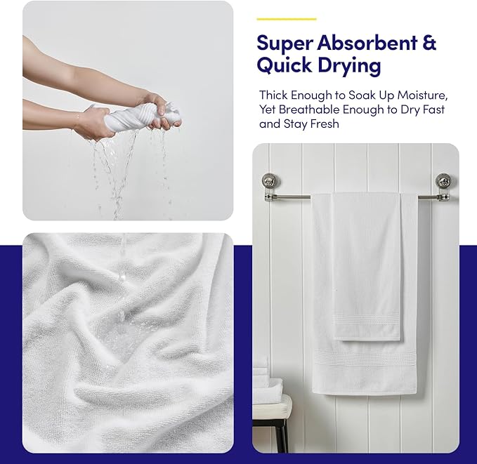 Bath Towels 8 Piece Towel Set – 100% Combed Cotton – Bath + Hand + Washcloths – Oeko-TEX Certified Soft & Absorbent Towels with Durable Double-Stitched Edges for Bathroom or Guest Spa, White
