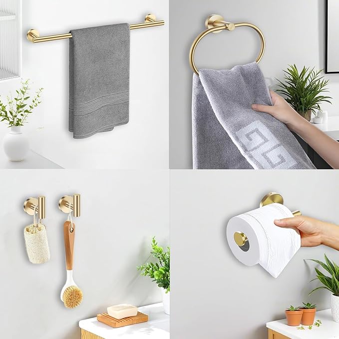 Brushed Gold Bathroom Accessories Set, 7 Pieces Gold Towel Bar Bathroom Hardware Set, 31.5 Inch Towel Racks for Bathroom, SUS304 Stainless Steel Bathroom Towel Holder Toilet Paper Holder Wall Mounted