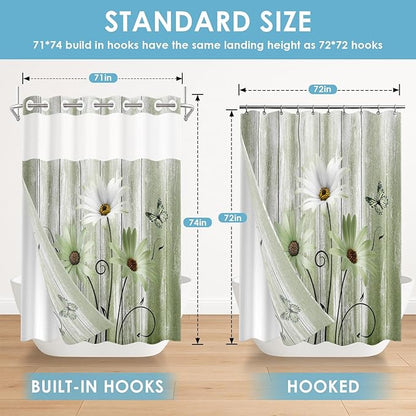 No Hook Daisy and Butterfly Shower Curtain with Snap in Fabric Liner Set, Green Rustic Farmhouse Double Layers Waterproof Fabric with See Through Top Window Open Grommet Bath Curtain 71x74 Inch