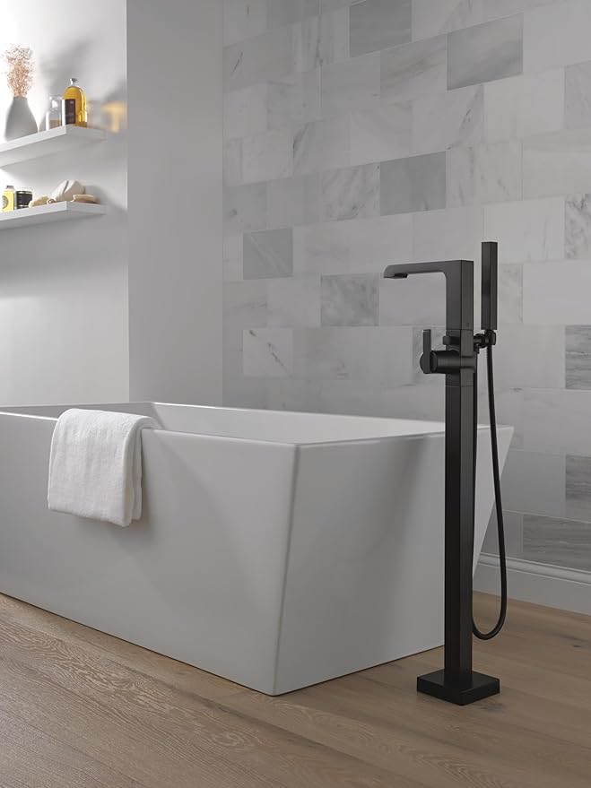 Delta Ara Freestanding Tub Faucet with Hand Held Shower, Matte Black Floor Mount Tub Filler, Matte Black T4767-BLFL (Valve Not Included)