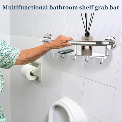 Polished Chrome Shampoo Shelf Grab Bar 18 Inch, Zepolu Stainless Steel 2-in-1 Decorative Grab Bar w/Tray, Bath and Shower Safety Handle, Wall Mounted Handrail Balanced Support Assist Bar for Senior