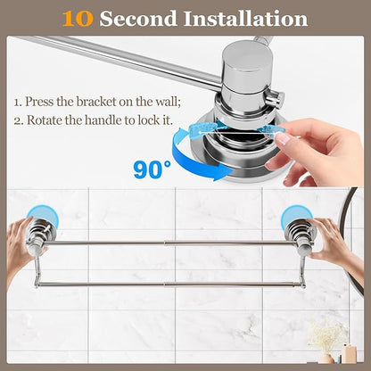 Suction Cup Double Towel Bar Adjustable 13"-25", Bath Sheet Rack Stainless Steel for Glass Shower, Powerful Vacuum Towel Holder for Bathroom, Kitchen, RV, and Renters