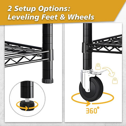 4 Tier Storage Racks Shelving, Heavy Steel Pantry Shelves, Adjustable Wire Shelving Rack with Wheels, Suitable for Garage, Kitchens, Bathroom, Offices, 55" W x 23.6" D x 75.6" H, Black