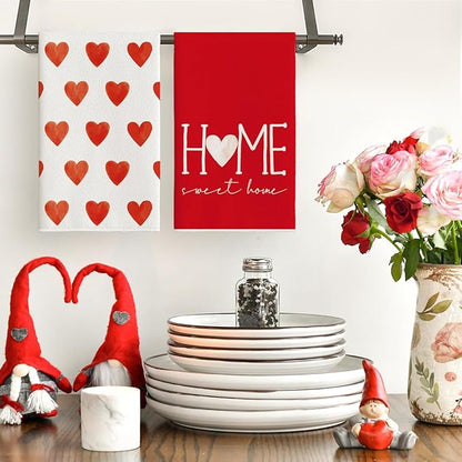 Artoid Mode Red Heart Love Valentine's Kitchen Towels Dish Towels, 18x26 Inch Farmhouse Anniversary Wedding Decoration Hand Towels Set of 4