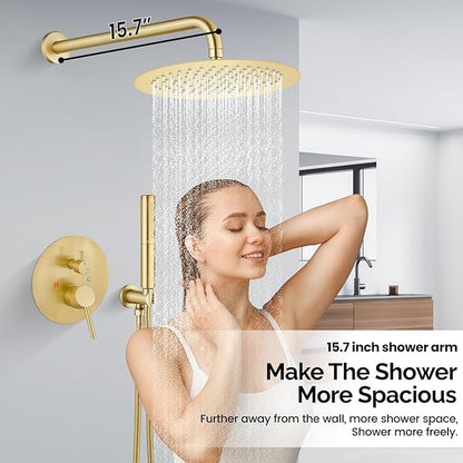 Airuida Shower Fixtures 2 Functions Shower Faucet Set Wall Mounted for Bathroom High Pressure Brass Handheld Shower with Rough-in Valve Round Rainfall 12 Inch Shower Head Brushed Gold