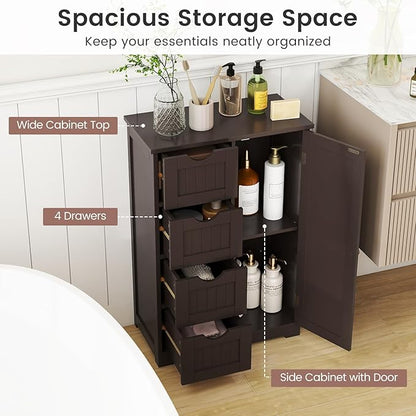 Tangkula Bathroom Floor Cabinet, Freestanding Storage Cabinet with 4 Drawers & Single Door, Adjustable Shelf, Multipurpose Bathroom Storage for Home Office, 21.5 x 12 x 32.5 Inches (Coffee)