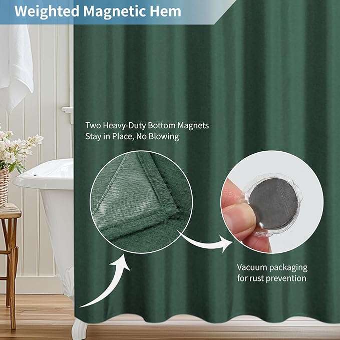 2-in-1 Waterproof Fabric Shower Curtain or Liner,Linen Textured,Breathable TPU & Washable Bathroom Shower Curtain Set with 12 Plastic Hooks,Modern,72"x72" Emeraldgreen
