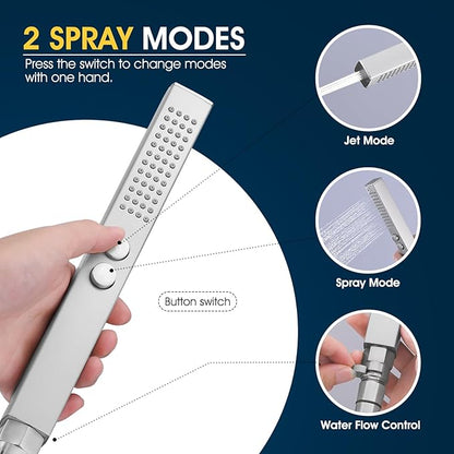 All-Metal High Pressure Square Handheld Shower Head with Jet Spray and Rainfall Modes, Volume Control Regulator, ON/OFF Switch, Hose and Wall Mounted Adjustable Bracket,Brushed Nickel Color
