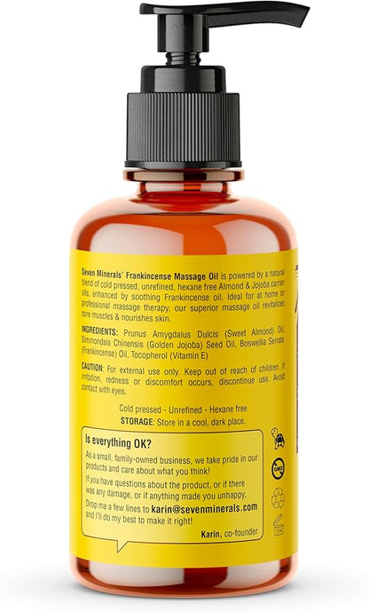 Seven Minerals Frankincense Massage Oil for Massage Therapy - 4oz - Ideal for Professional or at-Home Body Massage. Soothing Natural Blend of Almond, Jojoba & Vitamin E