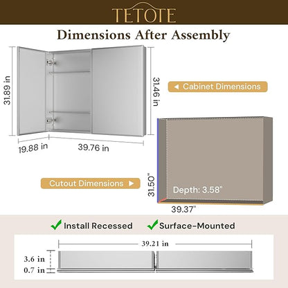 TETOTE 40 x 32 Medicine Cabinet with Tempered Beveled Mirror Silver Medicine Cabinet Mirror Aluminum Cabinet DTC Hinges, Stepless Adjustable Shelves, Recessed/Surface-Mounted