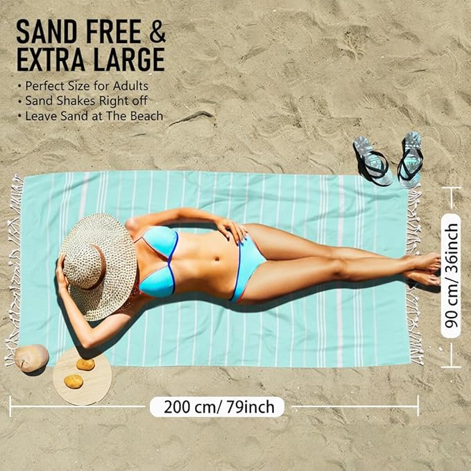 6 Pack Cotton Turkish Beach Towel Lightweight Thin Travel Vacation Essentials Oversized XL Towels Set for Pool Swim Bath Camping Cruise Accessories Must Haves Absorbent Quick Dry Sand Proof Gifts