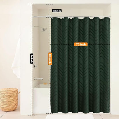 84inch Extra Long Dark Green Boho Shower Curtain Woven Fabric Shower Curtain Tufted Chervon Textured Shower Curtains Minimalist Shower Curtains for Bathroom