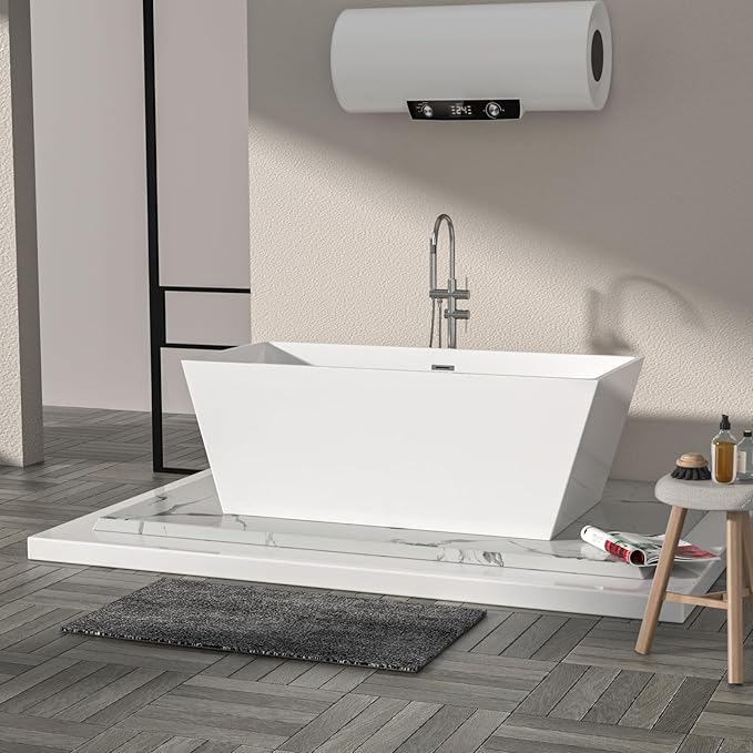 Logmey 67 Inch Bathtub White Acrylic Freestanding Rectangle Deep Soaking Tub with Chrome Drain & Overflow Assembly for Classic and Modern Bathrooms