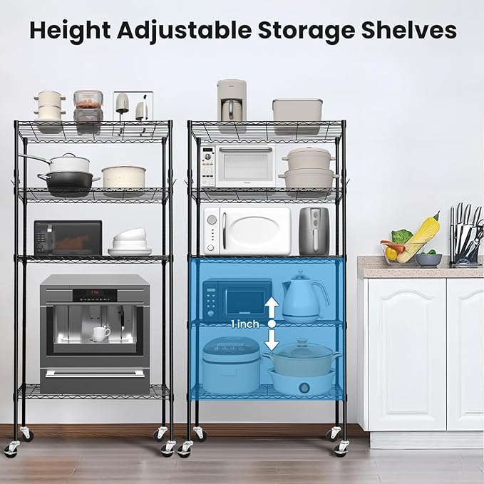 Storage Shelves 75"H Wire Shelving Unit with Wheels 1750LBS Heavy Duty Metal Shelves for Storage Adjustable 5-Tier Garage Storage Rack Kitchen Pantry Shelves Rolling Shelf on Casters, 14"D x36"W x75"H