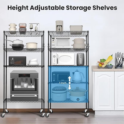 Storage Shelves 75"H Wire Shelving Unit with Wheels 1750LBS Heavy Duty Metal Shelves for Storage Adjustable 5-Tier Garage Storage Rack Kitchen Pantry Shelves Rolling Shelf on Casters, 14"D x36"W x75"H